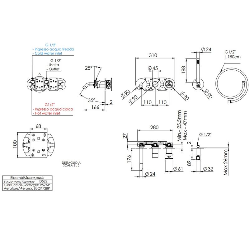 Смеситель для ванны скрытого монтажа Remer Chrono CH53D2PBG (золото брашированное), с изливом