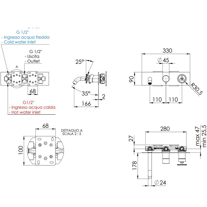Смеситель для ванны скрытого монтажа Remer Chrono CH54D2 (хром), с изливом