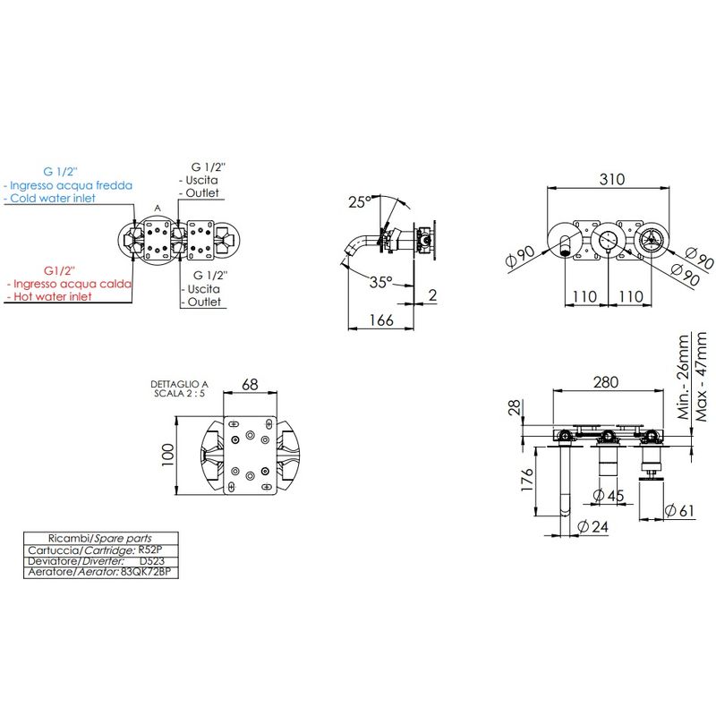 Смеситель для ванны скрытого монтажа Remer Chrono CH54D3PCFP (черный брашированный хром), с изливом