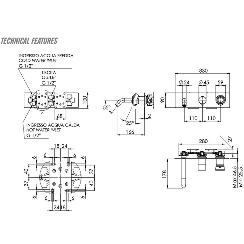 Смеситель для ванны скрытого монтажа Remer Element ET54D2RP (медь брашированная), с изливом
