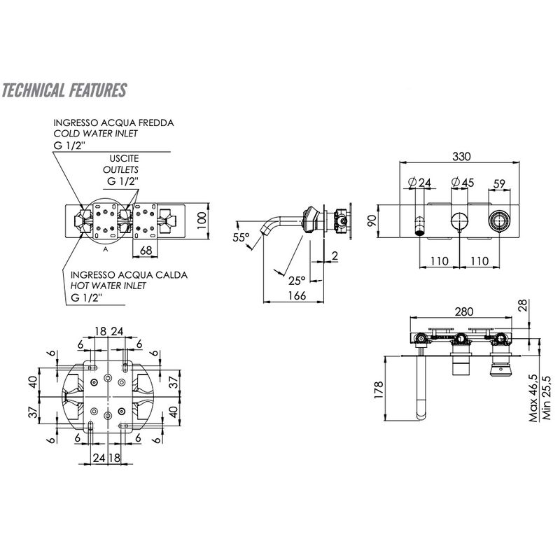 Смеситель для ванны скрытого монтажа Remer Element ET54D3BG (золото брашированное), с изливом