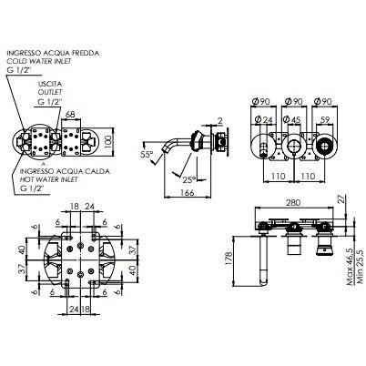 Смеситель для ванны скрытого монтажа Remer Element ET54D2PCFP (черный брашированный хром), с изливом