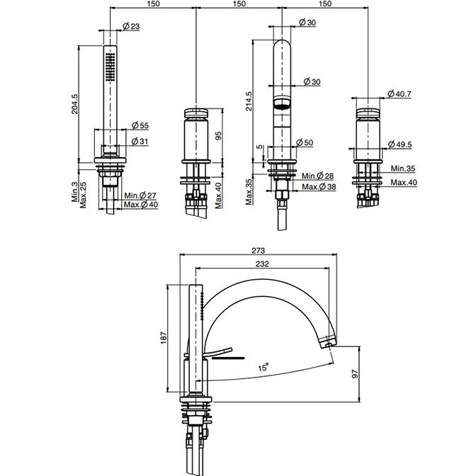 Смеситель на борт ванны Fima Carlo Frattini Flo F3814NCR (хром), с изливом