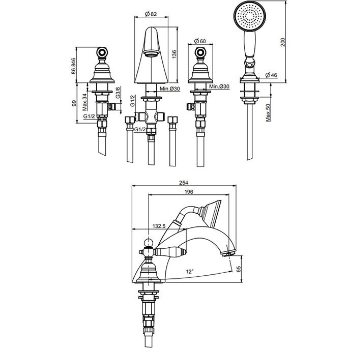 Смеситель на борт ванны Fima Carlo Frattini Herend F5414CNOR (золотой, черные ручки), с изливом