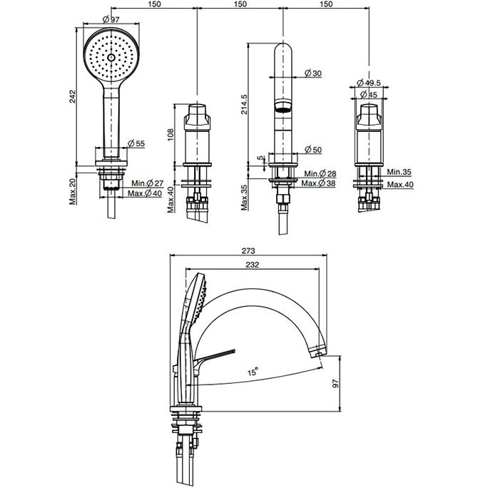 Смеситель на борт ванны Fima Carlo Frattini Serie 4 F3784/4NCR (хром), с изливом