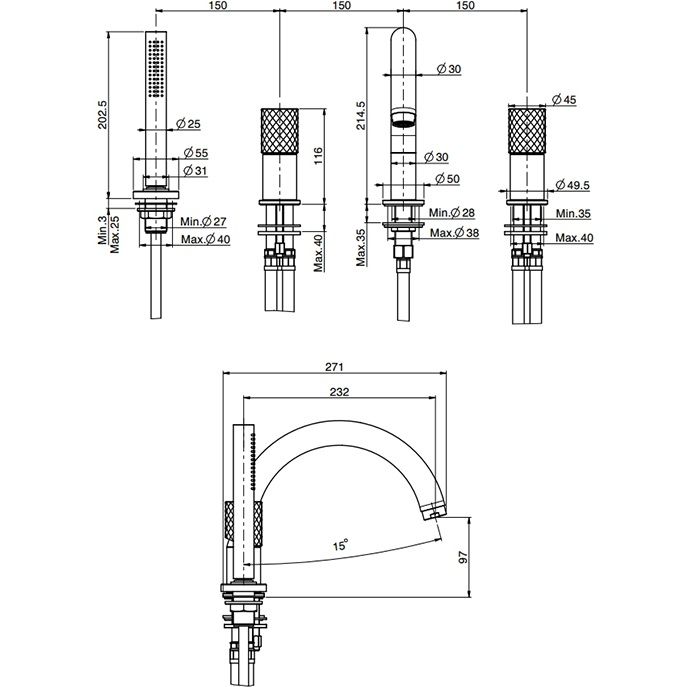 Смеситель на борт ванны Fima Carlo Frattini Spillo Tech F3044TNXOR (золотой), с изливом