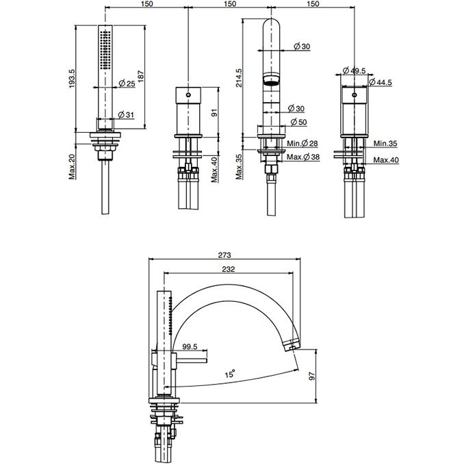 Смеситель на борт ванны Fima Carlo Frattini Spillo Up F3044NOR (золотой), с изливом