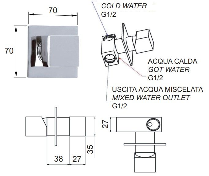 Смеситель скрытого монтажа для душа-пистолета Remer SQ 3 S633 (хром)