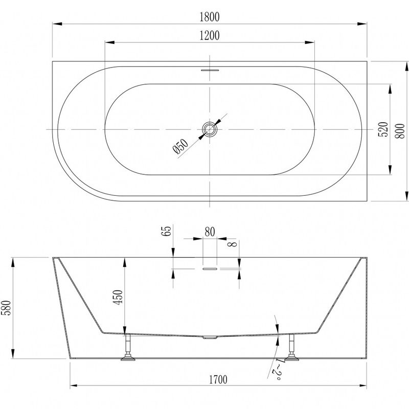 Ванна акриловая, пристенная Abber AB9502-1.8 R 180x80x58 (белый), правая, слив-перелив