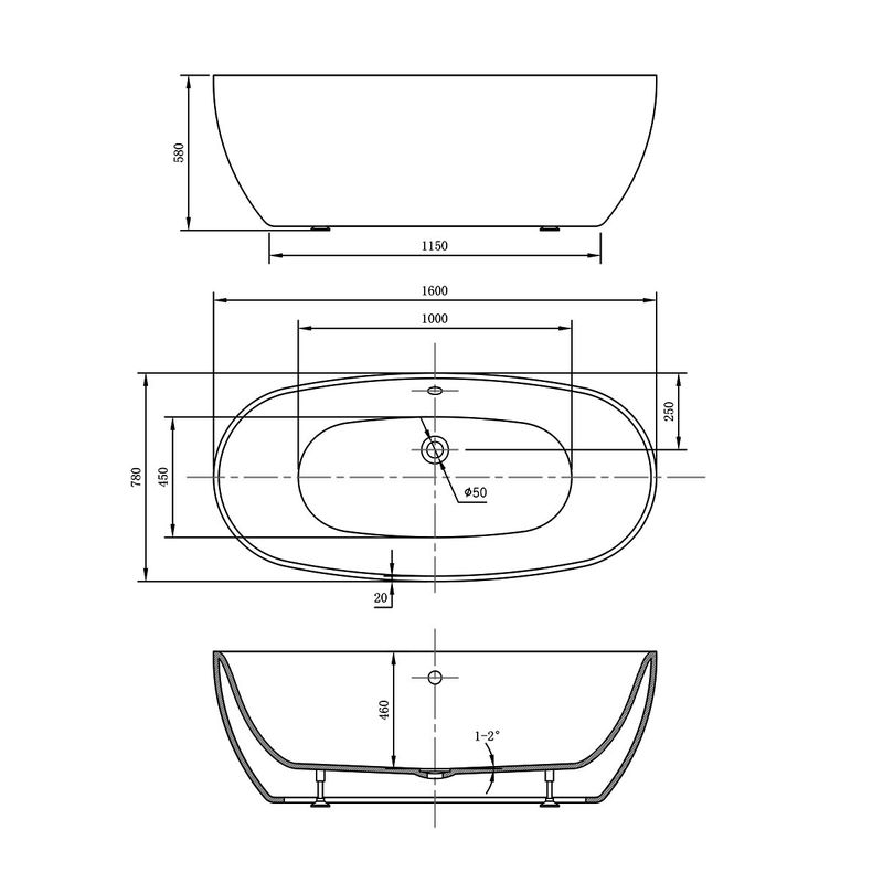 Ванна акриловая отдельностоящая Vincea VBT-405-1600 160х78 (белый ), щелевой перелив в комплекте 