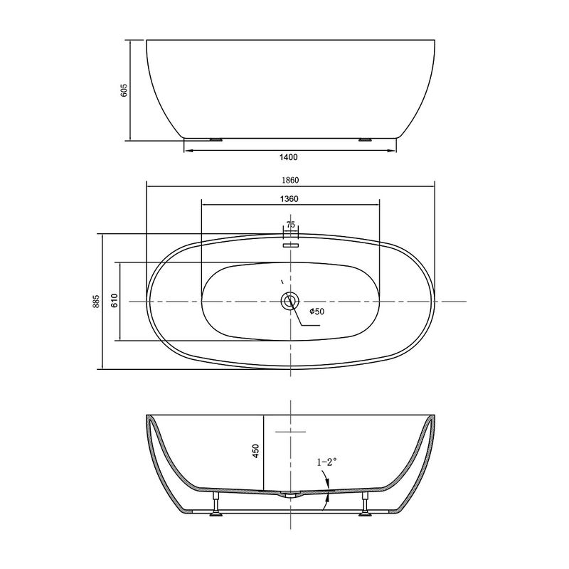 Ванна акриловая отдельностоящая Vincea VBT-405-1860 186х88.5 (белый ), щелевой перелив в комплекте 