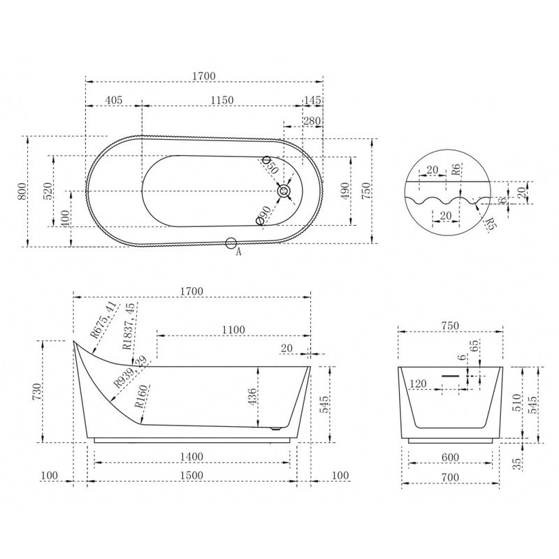 Ванна акриловая отдельностоящая ABBER  AB9445MW 170x80x73 (белый матовый), слив-перелив