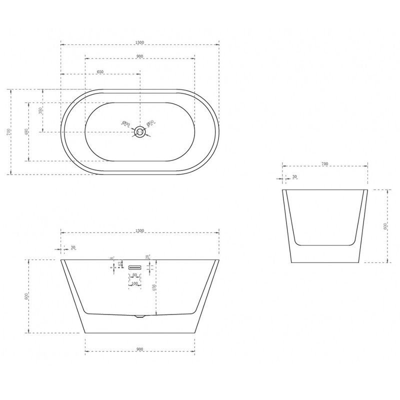 Ванна акриловая отдельностоящая Abber AB9203-1.3 130x70x60 (белый), слив-перелив
