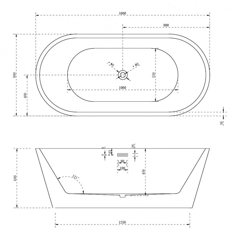 Ванна акриловая отдельностоящая Abber AB9203-1.6 160x80x60 (белый), слив-перелив