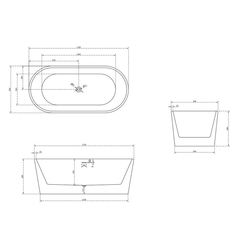 Ванна акриловая отдельностоящая ABBER AB9209MW 170x80x60 (белый матовый), слив-перелив