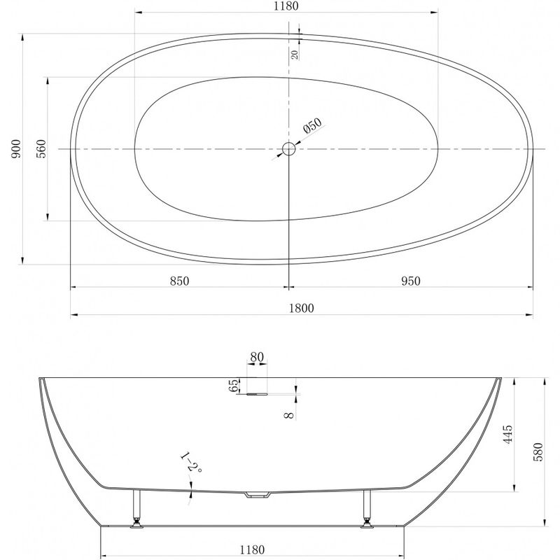 Ванна акриловая отдельностоящая Abber AB9211-1.8 180x90x58 (белый), слив-перелив