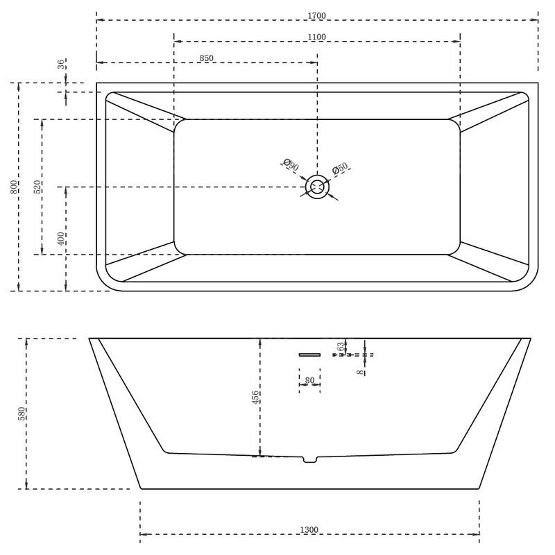 Ванна акриловая отдельностоящая ABBER AB9212-1.7 170x80x58 (белый), слив-перелив