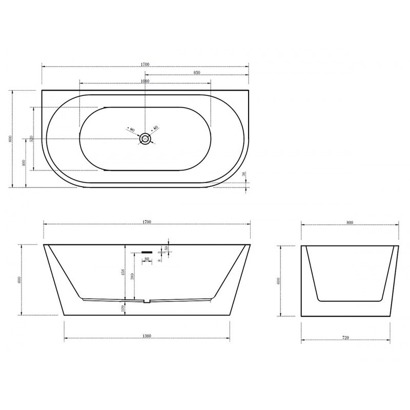 Ванна акриловая пристенная ABBER AB9216-1.7R 170x80x60 (красный), слив-перелив
