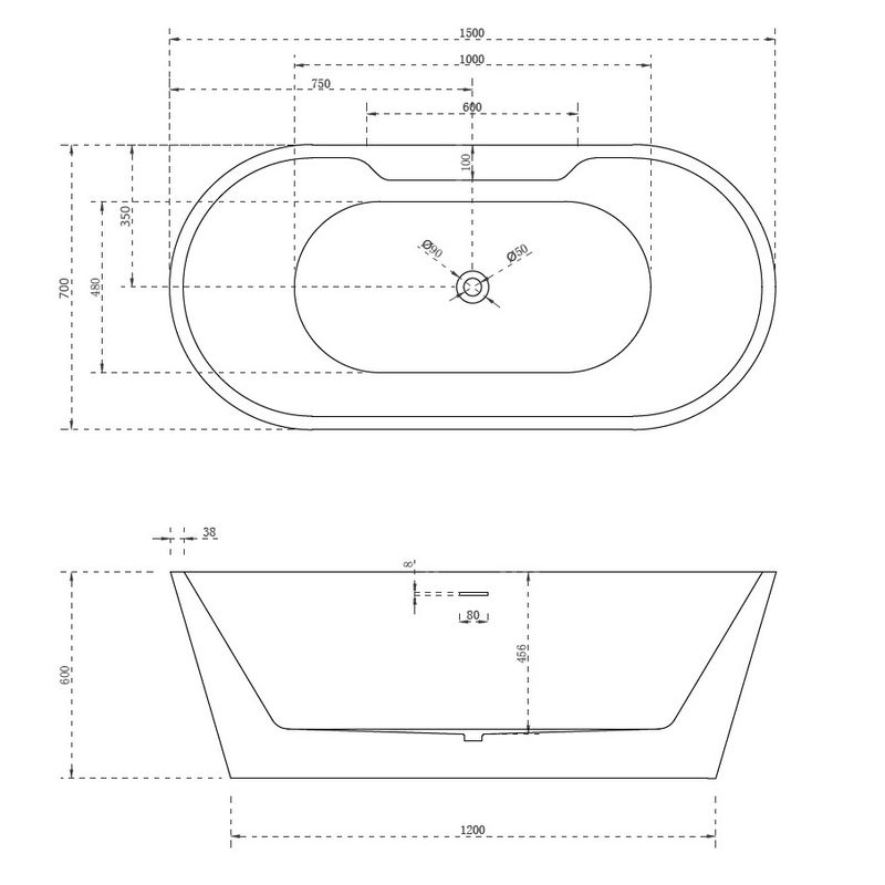 Ванна акриловая отдельностоящая ABBER AB9299-1.5 150x70x60 (белый), слив-перелив