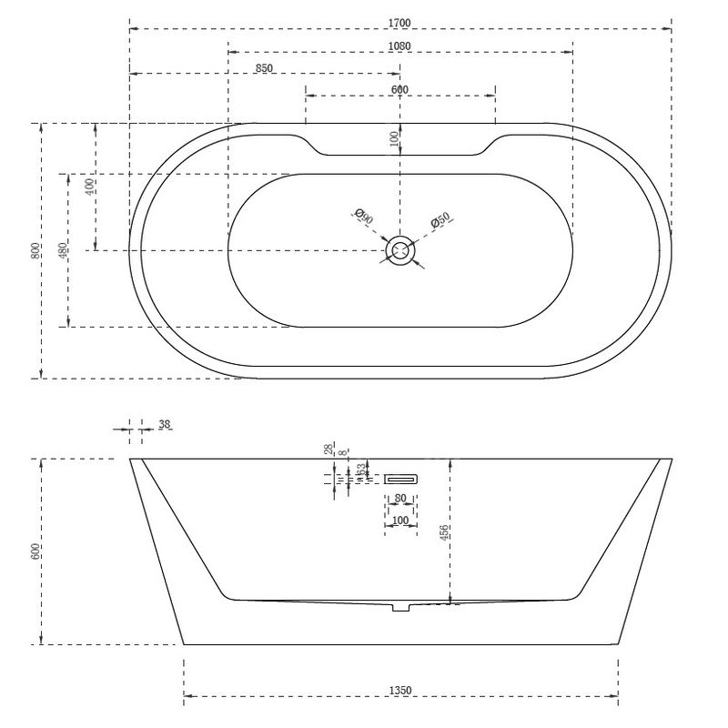 Ванна акриловая отдельностоящая ABBER AB9299-1.7 170x80x60 (белый), слив-перелив