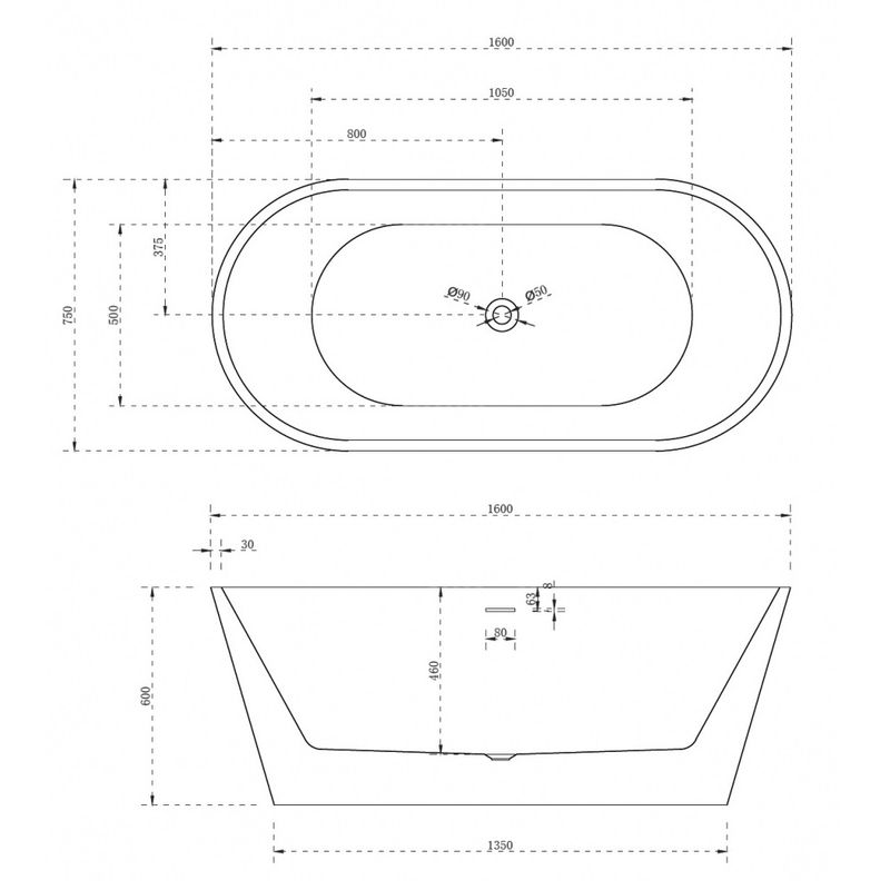 Ванна акриловая отдельностоящая ABBER AB9320-1.6 160x75x60 (белый), слив-перелив