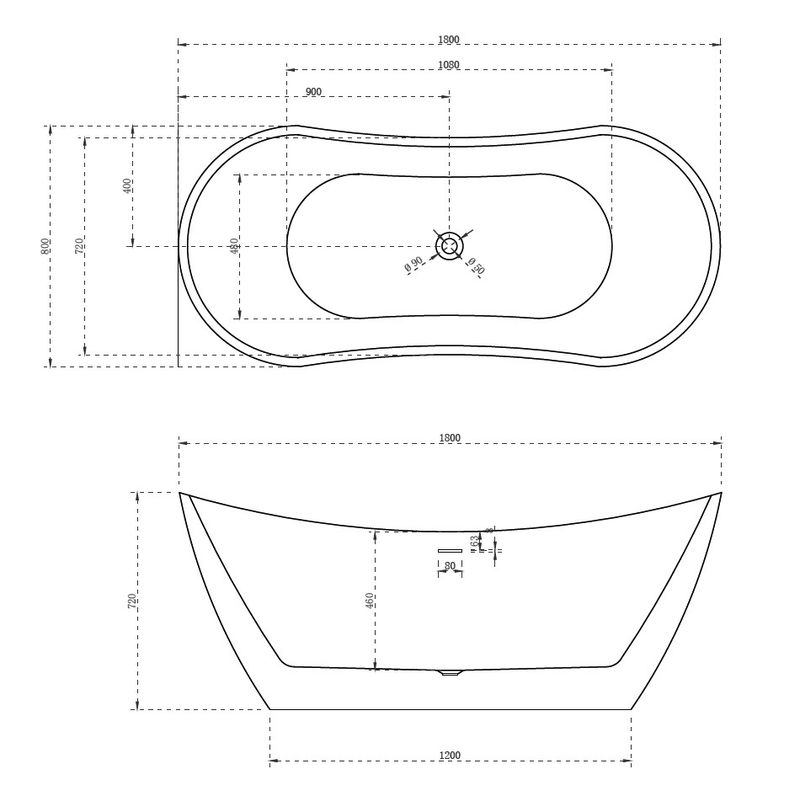 Ванна акриловая отдельностоящая ABBER AB9322 180x80x72 (белый), слив-перелив