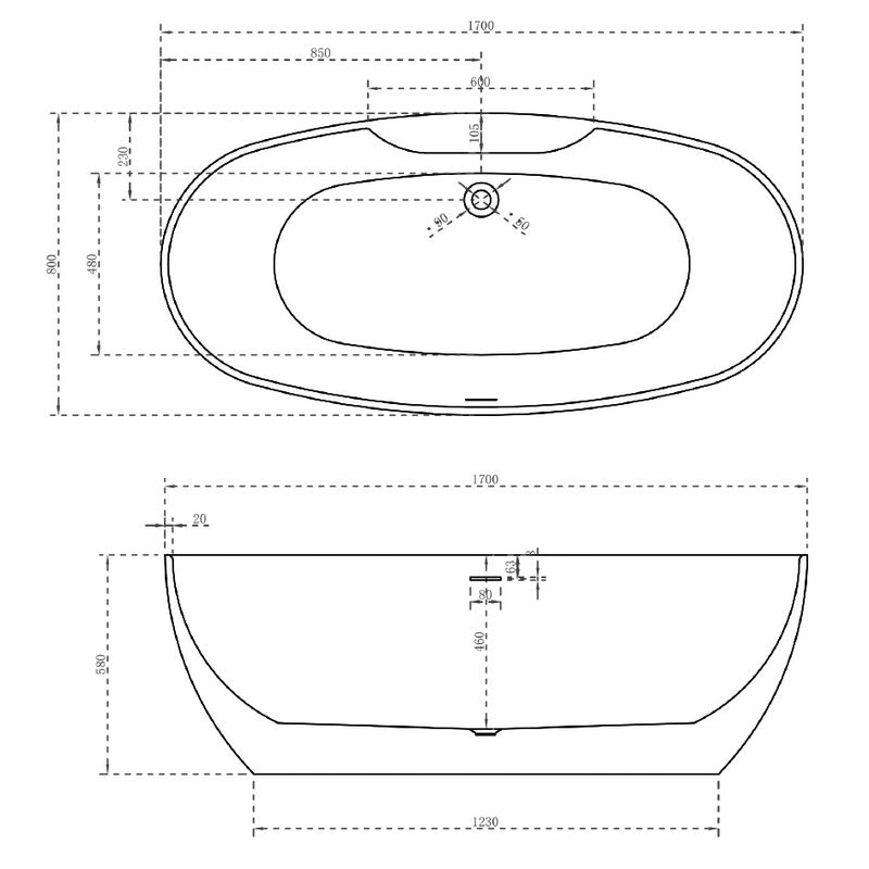 Ванна акриловая отдельностоящая ABBER AB9323 170x80x58 (белый), слив-перелив