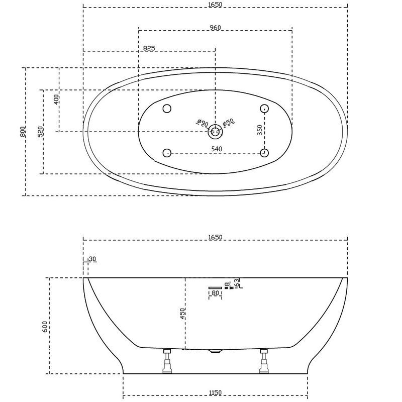Ванна акриловая отдельностоящая ABBER AB9207 165x80x60 (белый), слив-перелив