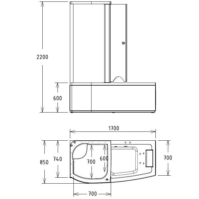 Ванна гидромассажная пристенная  Gemy G8040 B L 170х85х220 (белый), слив-перелив, левосторонняя