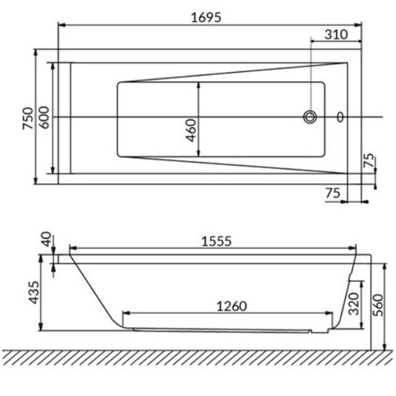 Ванна пристенная акриловая 170x75 см, Whitecross Wave 0101.170075.100 (белый глянцевый), без слива-перелива