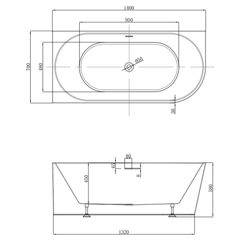 Ванна акриловая пристенная Abber AB9502-1.4 R 140x70x58 (белый), правая, слив-перелив 