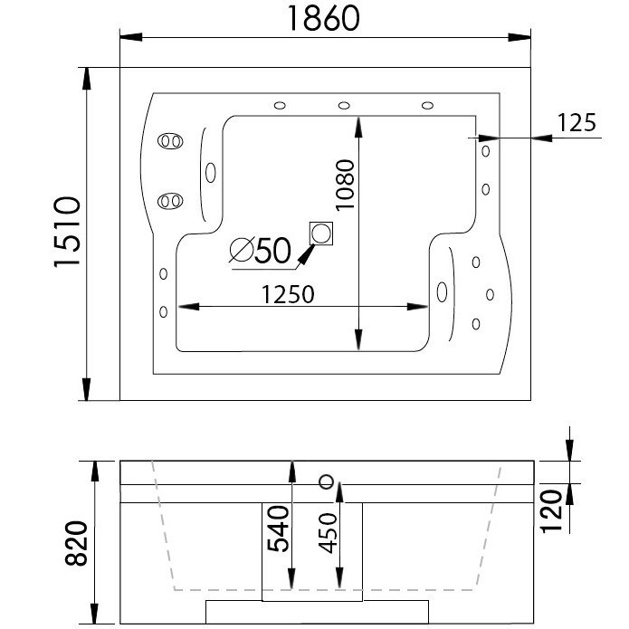 Ванна гидромассажная пристенная Gemy G9052 II B R 186х151х82 (белый), слив-перелив, правосторонняя