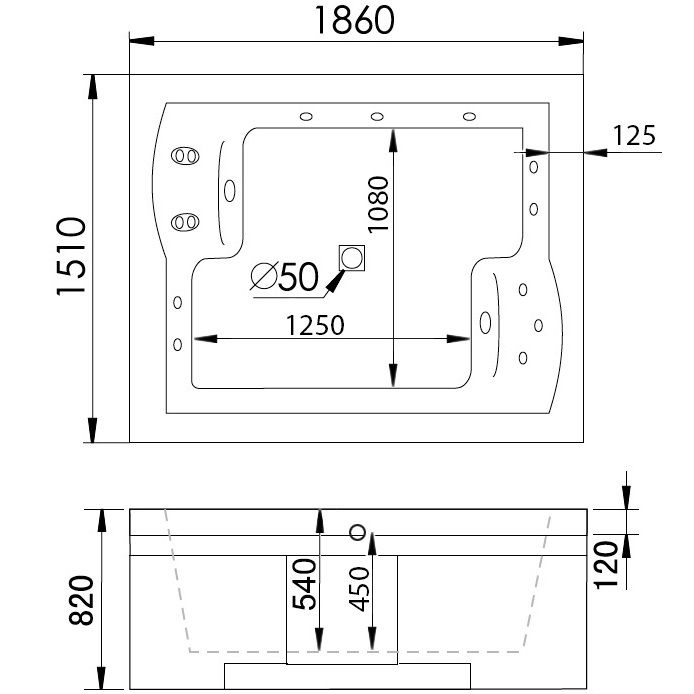 Ванна гидромассажная пристенная Gemy G9052 II O R 186х151х82 (белый), слив-перелив, правосторонняя