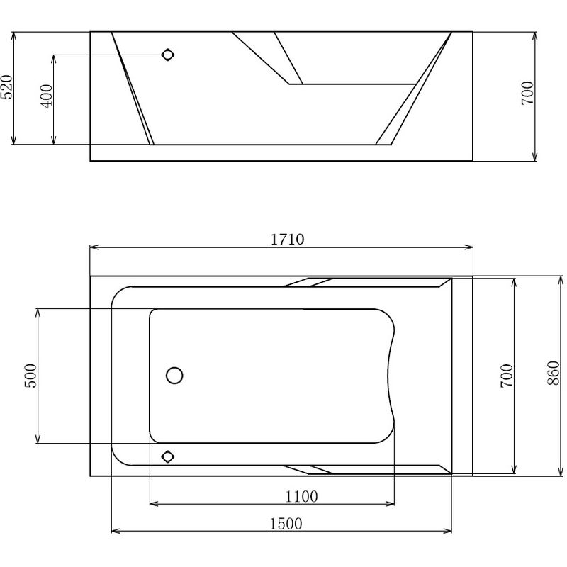Ванна гидромассажная пристенная Gemy G9066 II K L 171х86х70 (белый), слив-перелив, левосторонняя