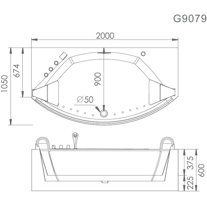 Ванна гидромассажная пристенная Gemy G9079 200х105х60 (белый), слив-перелив