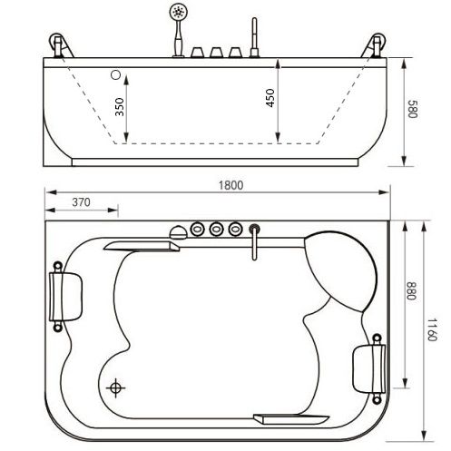 Ванна гидромассажная пристенная Gemy G9085 B L 180х116х69 (белый), слив-перелив, левосторонняя