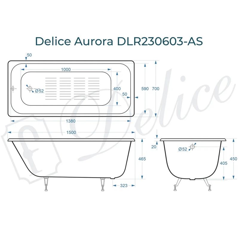 Ванна чугунная Delice Aurora DLR230603-AS 150х70 (белый), встраиваемая с антискользящим покрытием