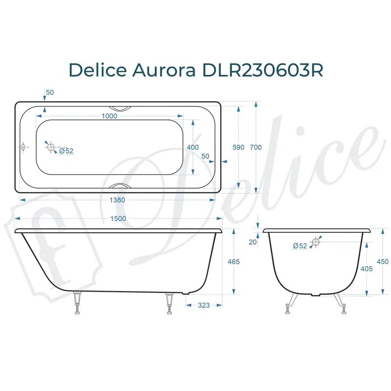 Ванна чугунная Delice Aurora DLR230603R 150х70 (белый), встраиваемая с отверстием под ручки