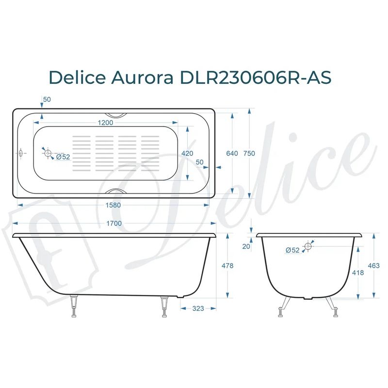 Ванна чугунная Delice Aurora DLR230606R-AS 170х75 (белый), встраиваемая с антискользящим покрытием и отверстиями под ручки