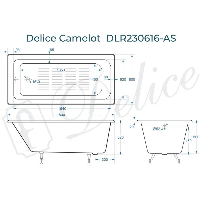 Ванна чугунная Delice Camelot DLR230616-AS 180х80 (белый), встраиваемая с антискользящим покрытием