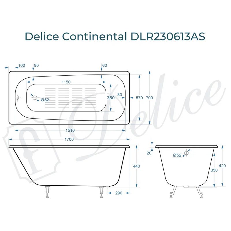 Ванна чугунная Delice Continental DLR230613-AS 170х70 (белый), встраиваемая с антискользящим покрытием
