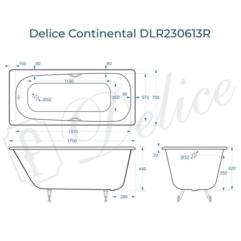 Ванна чугунная Delice Continental DLR230613R 170х70 (белый), встраиваемая с отверстиями под ручки