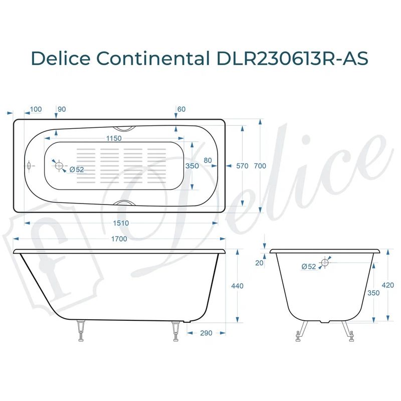 Ванна чугунная Delice Continental DLR230613R-AS 170х70 (белый), встраиваемая с антискользящим покрытием и отверстиями под ручки
