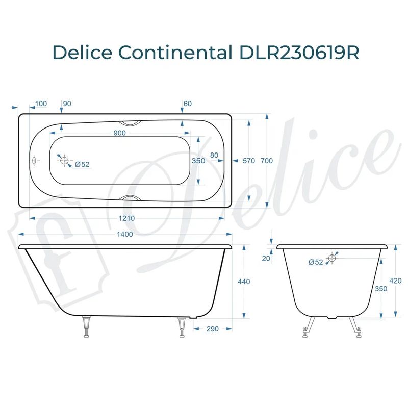 Ванна чугунная Delice Continental DLR230619R 140х70 (белый), встраиваемая с отверстиями под ручки