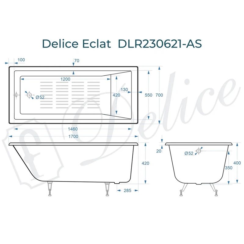 Ванна чугунная Delice Eclat DLR230621-AS 170х70 (белый), встраиваемая с антискользящим покрытием
