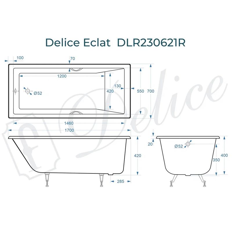 Ванна чугунная Delice Eclat DLR230621R 170х70 (белый), встраиваемая с отверстиями под ручки