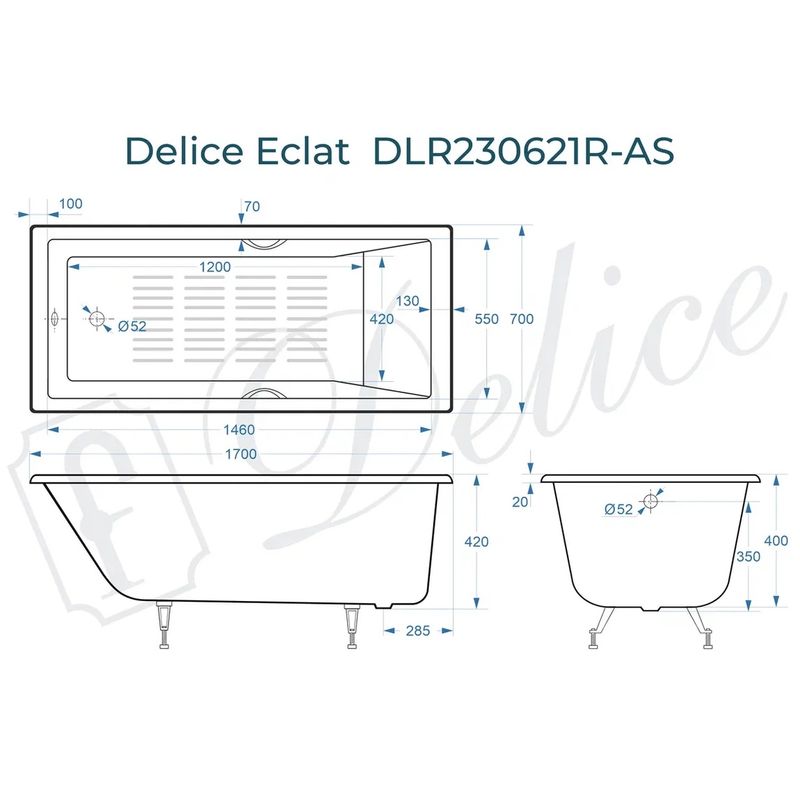 Ванна чугунная Delice Eclat DLR230621R-AS 170х70 (белый), встраиваемая с антискользящим покрытием и отверстиями под ручки
