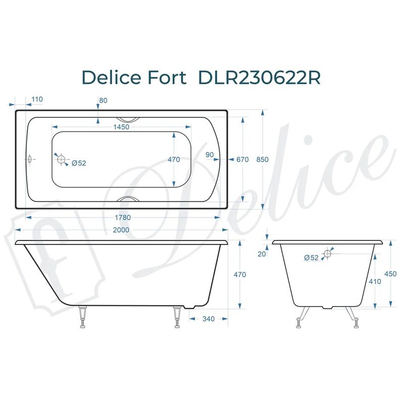 Ванна чугунная Delice Fort DLR230622R 200х85 (белый), встраиваемая с отверстиями под ручки
