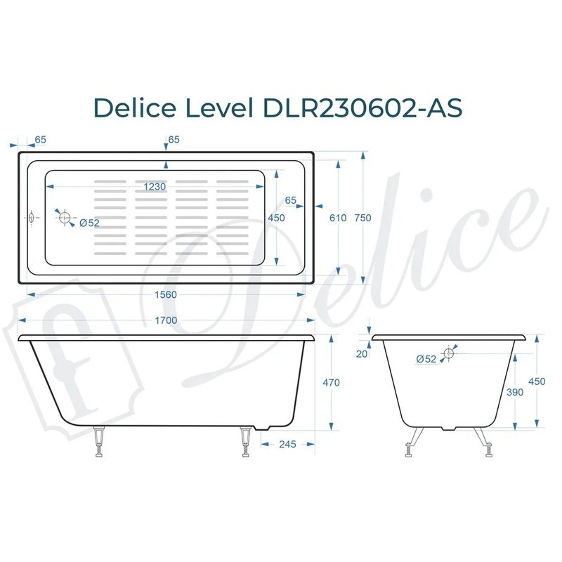Ванна чугунная Delice Level DLR230602-AS 170х75 (белый), встраиваемая с антискользящим покрытием