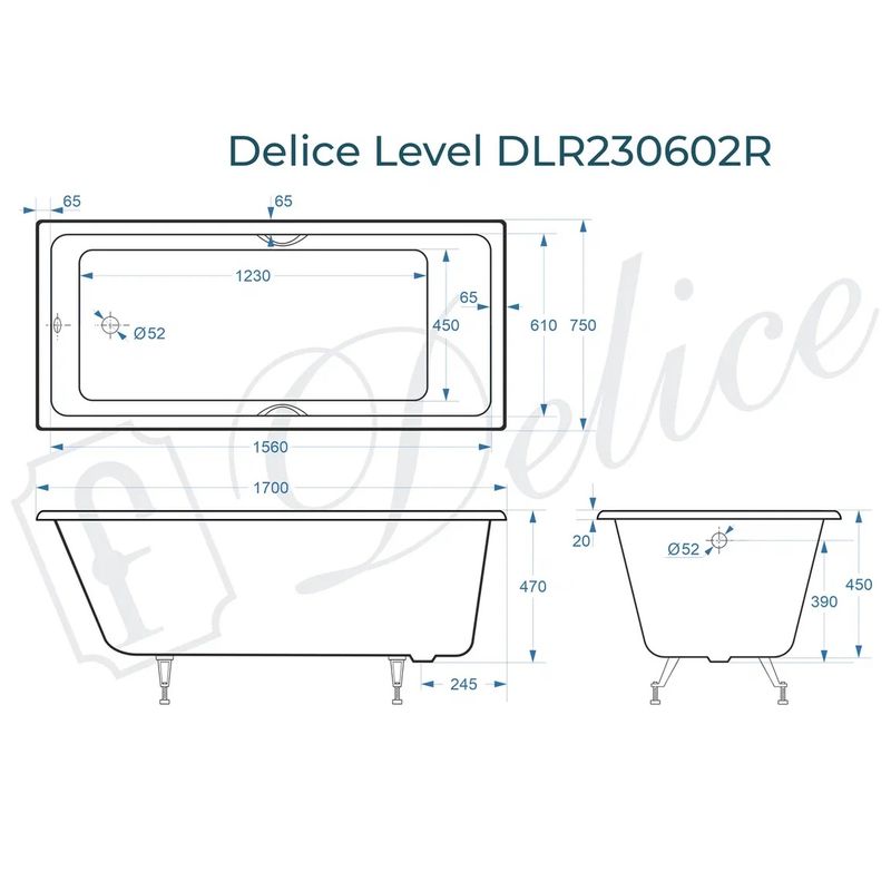 Ванна чугунная Delice Level DLR230602R 170х75 (белый), встраиваемая с отверстиями под ручки